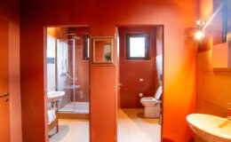Modern bathroom interior featuring vibrant orange walls, a glass shower enclosure, a toilet, and a stylish sink. The layout emphasizes space and contemporary design elements, ideal for home improvement inspiration.