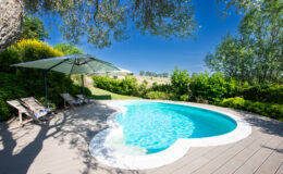 Serene outdoor pool area featuring a heart-shaped pool surrounded by lush greenery, wooden decking, and lounge chairs under a large umbrella, set against a clear blue sky. Ideal for relaxation and leisure.