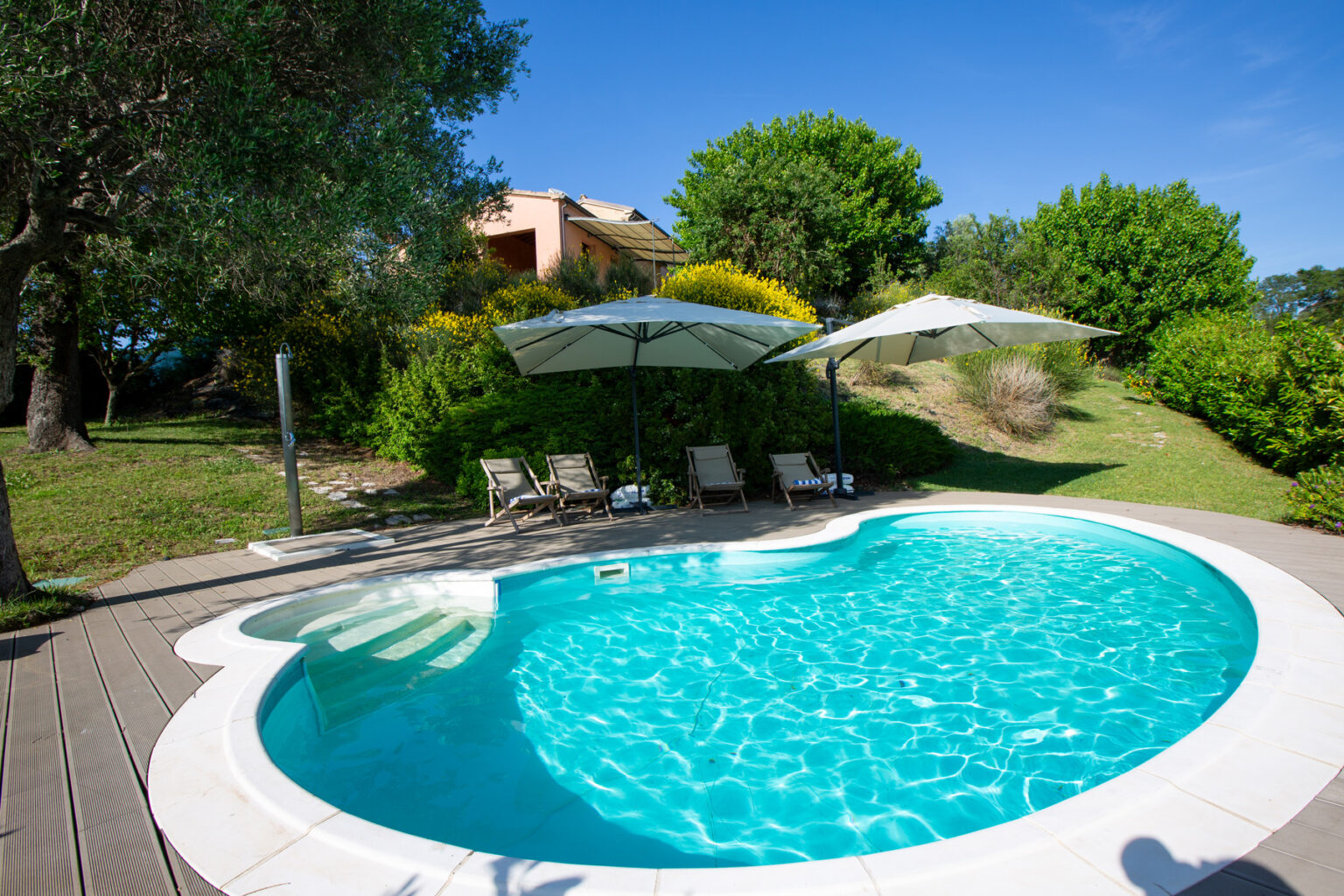 Inviting outdoor swimming pool surrounded by lush greenery and sun umbrellas, perfect for relaxation and leisure. The pool features a unique shape with clear blue water, complemented by comfortable lounge chairs, creating an ideal summer retreat. | Only on SopranoVillas