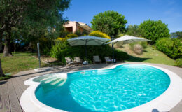 Inviting outdoor swimming pool surrounded by lush greenery and sun umbrellas, perfect for relaxation and leisure. The pool features a unique shape with clear blue water, complemented by comfortable lounge chairs, creating an ideal summer retreat.