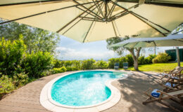 Cozy outdoor pool surrounded by lush greenery and sun loungers, with a large umbrella providing shade, ideal for relaxation and leisure.