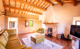 Cozy living room with wooden beams, stone walls, and a modern fireplace, featuring a green leather sofa, an ottoman, and a flat-screen TV, illuminated by natural light from windows.