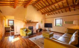 Cozy living room featuring wooden beams, a stone fireplace, and modern furnishings, including green armchairs and a flat-screen TV, with natural light streaming through windows and a view of the countryside.