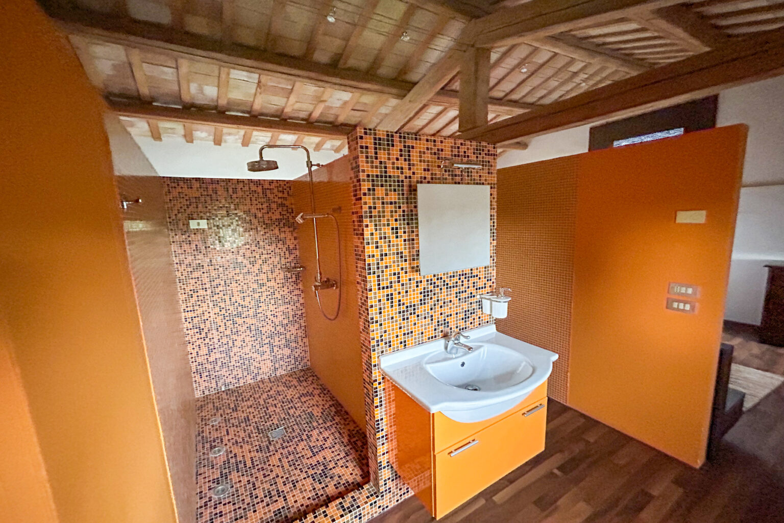 Modern bathroom interior featuring vibrant orange walls, a spacious shower area with mosaic tiles, and a stylish sink with a mirror. Natural light enhances the design, creating a warm and inviting atmosphere. | Only on SopranoVillas