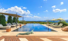 Luxury infinity pool overlooking the ocean, surrounded by lush greenery, sun loungers, and shaded umbrellas, set against a bright blue sky with fluffy clouds. A decorative crocodile sculpture adds a unique touch to the tranquil outdoor space.