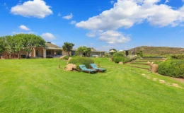 Spacious backyard of a modern home featuring well-manicured green lawn, comfortable lounge chairs, and landscaped gardens under a bright blue sky with fluffy clouds.