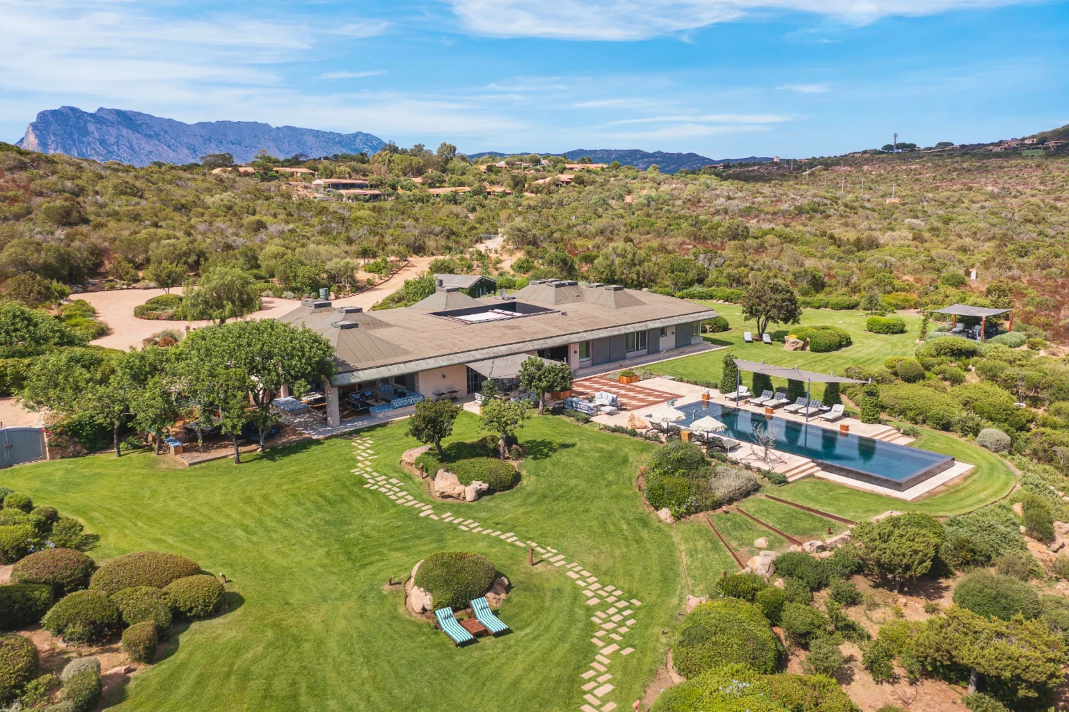 Aerial view of a luxurious modern villa surrounded by lush greenery and mountains, featuring a spacious lawn, a swimming pool with lounge chairs, and beautifully landscaped gardens. The image showcases the property's outdoor living spaces and natural beauty. | Only on SopranoVillas