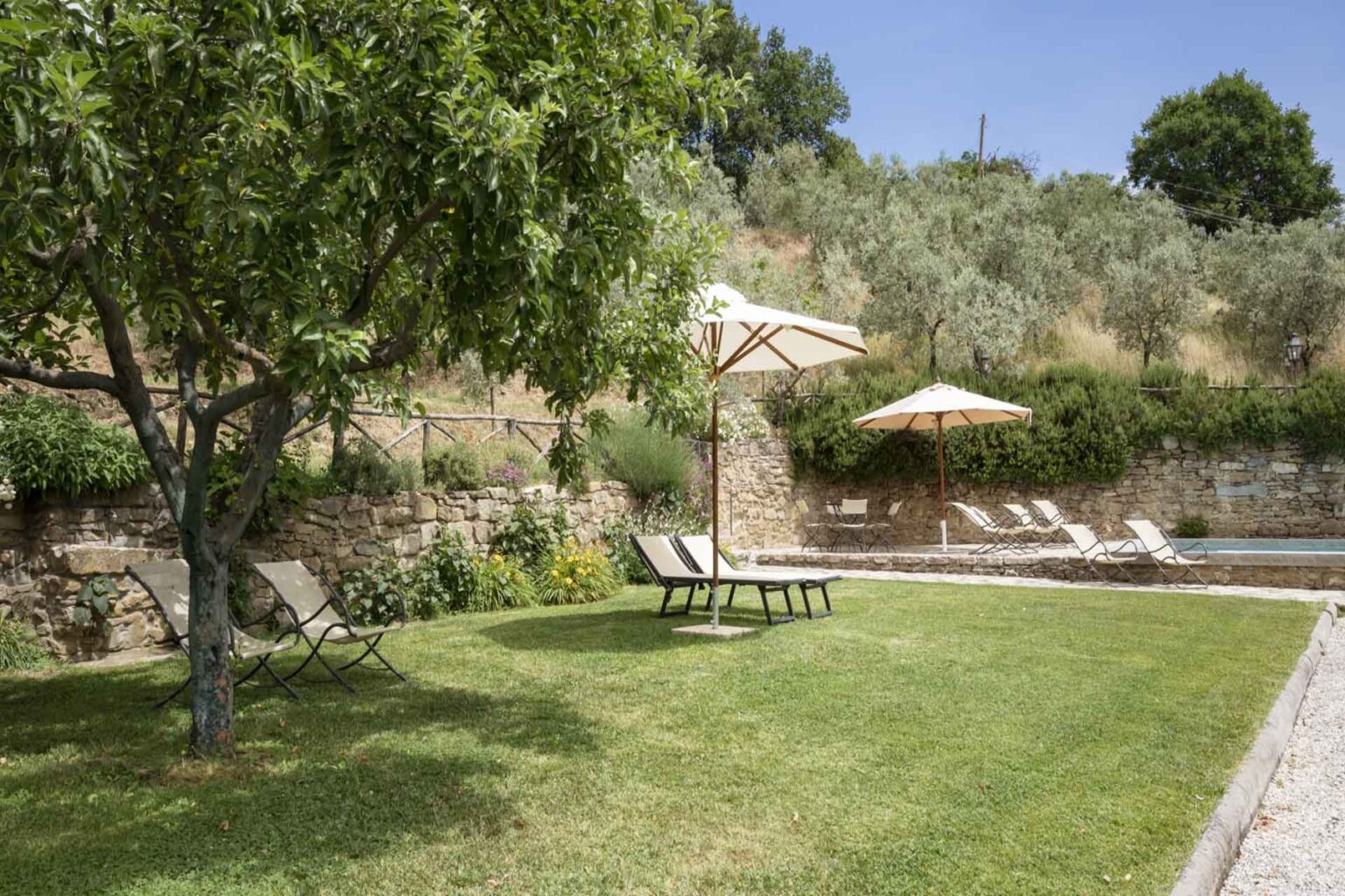 Lush garden area with lounge chairs and umbrellas near a swimming pool, surrounded by olive trees and greenery, perfect for relaxation and outdoor enjoyment. | Only on SopranoVillas
