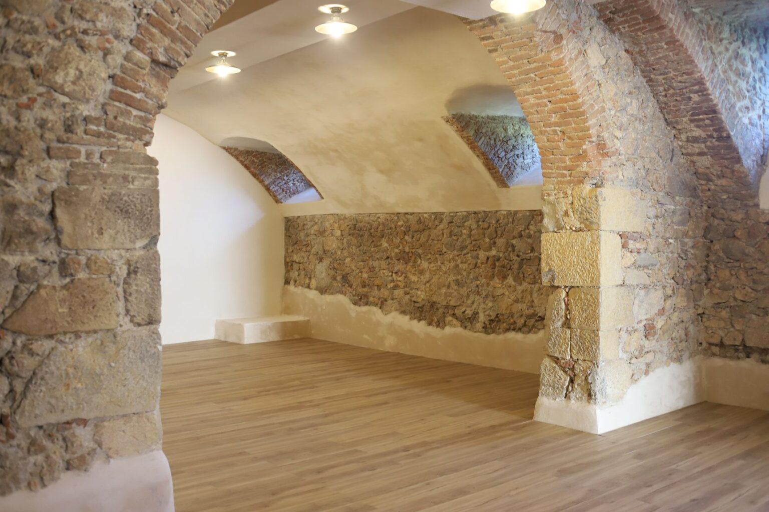 Interior view of a spacious room featuring exposed stone walls and arched brick ceilings, illuminated by modern ceiling lights, with a wooden floor and minimalist design. | Only on SopranoVillas