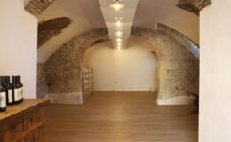 Interior view of a spacious wine cellar featuring exposed brick arches, wooden flooring, and shelves for wine storage, illuminated by modern ceiling lights.