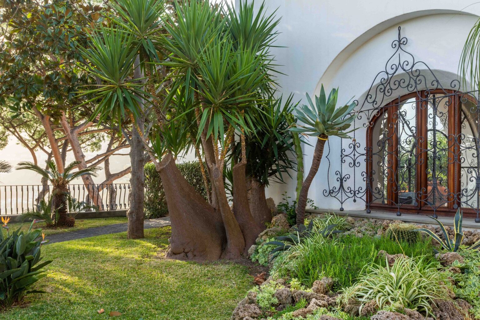 Lush garden with tropical plants and a decorative wrought iron window, featuring a variety of greenery and a well-maintained lawn. | Only on SopranoVillas