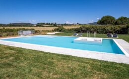 Modern outdoor swimming pool surrounded by lush green grass and scenic countryside, featuring a spacious deck and lounge chairs under a clear blue sky.