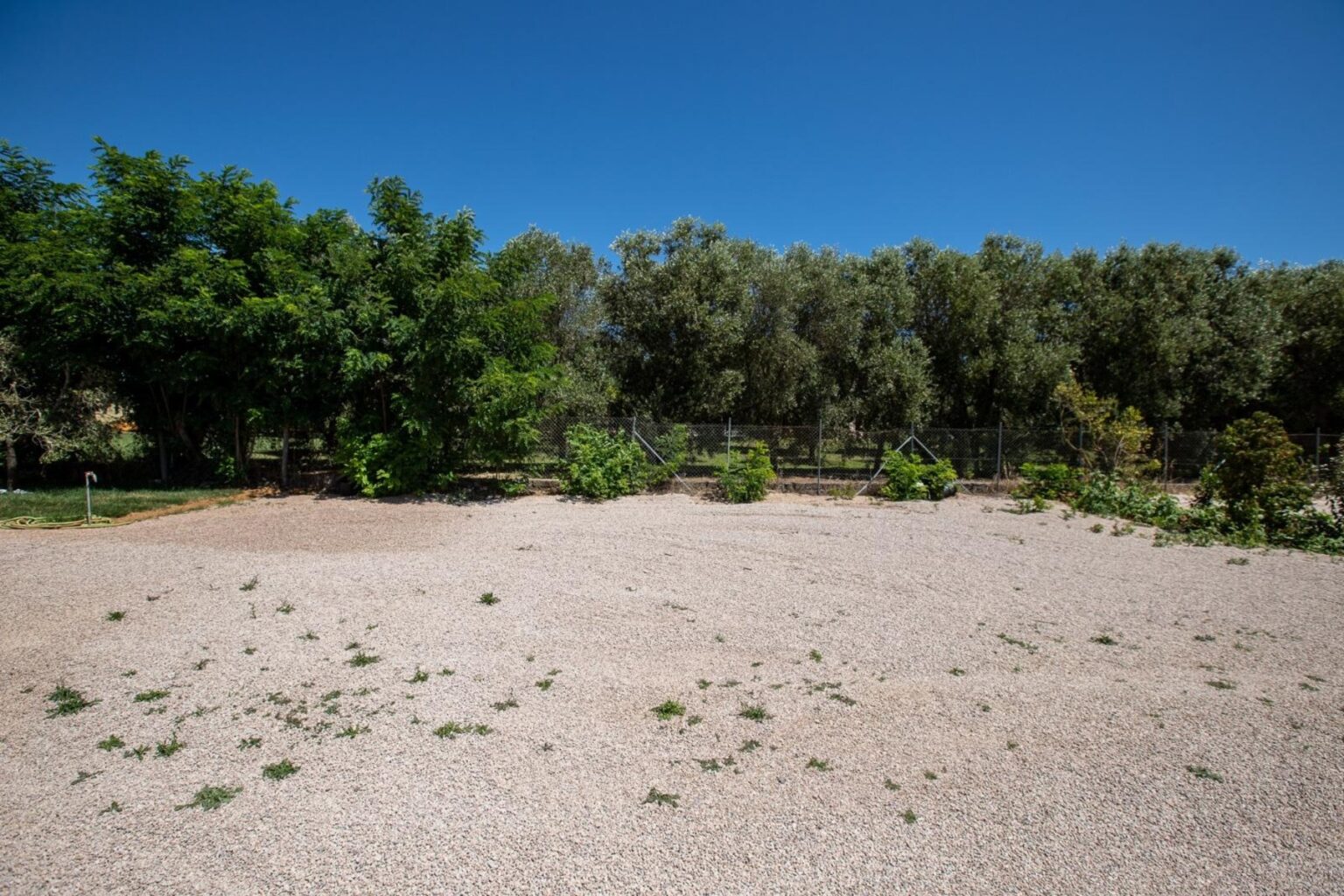 A sunny landscape featuring a gravel area with sparse vegetation in the foreground, bordered by lush green trees in the background under a clear blue sky. | Only on SopranoVillas