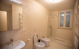 Modern bathroom featuring a shower, bidet, and sleek vanity with a mirror, illuminated by natural light from a nearby window. The neutral color palette enhances the spacious feel.