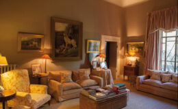 Cozy living room featuring elegant vintage furniture, warm lighting, and framed paintings on the walls, creating a welcoming atmosphere.