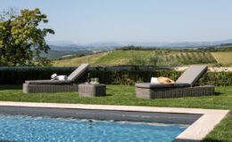 Relaxing outdoor lounge area with two gray sunbeds beside a swimming pool, overlooking lush vineyards and rolling hills under a clear blue sky. Ideal for a tranquil getaway or vacation retreat.