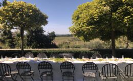 Outdoor dining setup with a long table and black chairs, surrounded by lush greenery and trees, overlooking a picturesque vineyard landscape under a clear blue sky.
