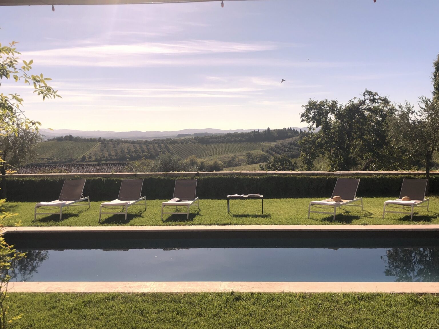 Relaxing outdoor pool area with lounge chairs set against a picturesque vineyard landscape, featuring rolling hills and a clear blue sky. Ideal for a tranquil getaway or vacation retreat. | Only on SopranoVillas