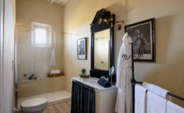 Modern bathroom design featuring a glass shower, stylish black and white decor, a vintage mirror, and neatly arranged towels. Natural light illuminates the space, enhancing its elegant ambiance.
