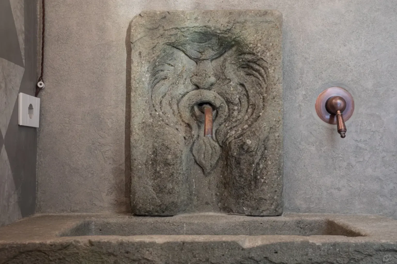 Stone fountain with a lion's head design, featuring a water spout and a rectangular basin, set against a textured concrete wall. | Only on SopranoVillas