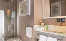 Modern bathroom featuring a glass shower enclosure, sleek sink with toiletries, and decorative wall art, showcasing a clean and stylish design.