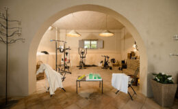 Home gym interior featuring exercise equipment, including an elliptical machine and stationary bikes, set in a spacious, well-lit room with a rustic design. The area includes a coffee table with refreshments, comfortable seating, and decorative plants, creating a welcoming atmosphere for workouts.