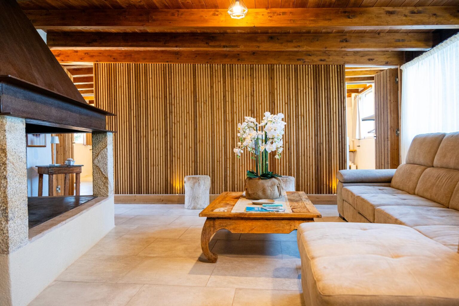 Modern living room with a cozy beige sofa, wooden accents, and a stone fireplace, featuring a coffee table with a decorative plant and natural light streaming through large windows. | Only on SopranoVillas