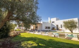 Modern white villa surrounded by lush greenery and olive trees, featuring a swimming pool and outdoor seating area, ideal for relaxation and leisure.