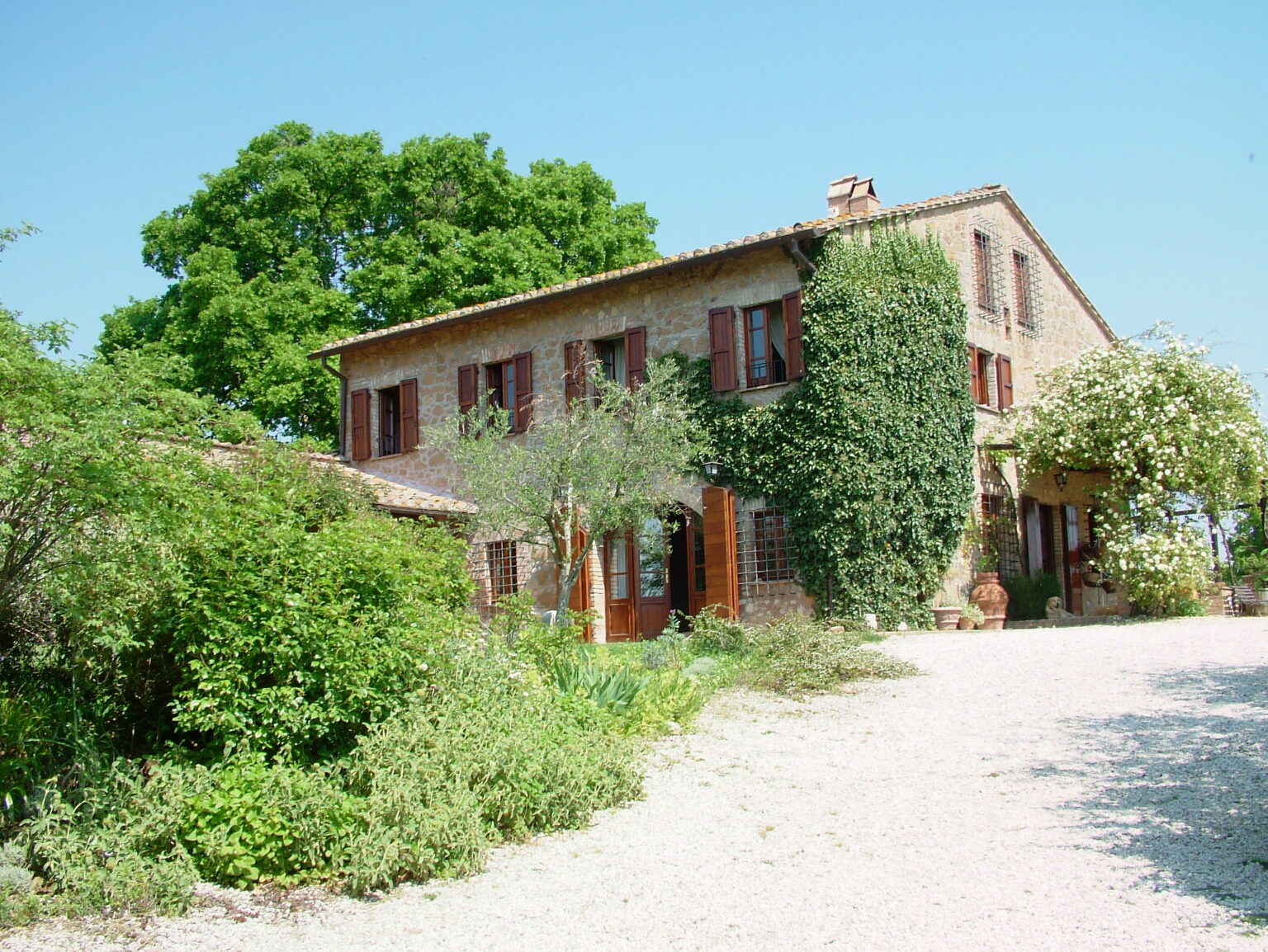 Charming rustic stone house surrounded by lush greenery and blooming flowers, with wooden shutters and a gravel pathway leading to the entrance. Ideal for showcasing countryside architecture and landscaping. | Only on SopranoVillas