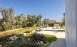 Scenic view of a landscaped garden featuring olive trees, colorful flowers, and a swimming pool, under a clear blue sky.