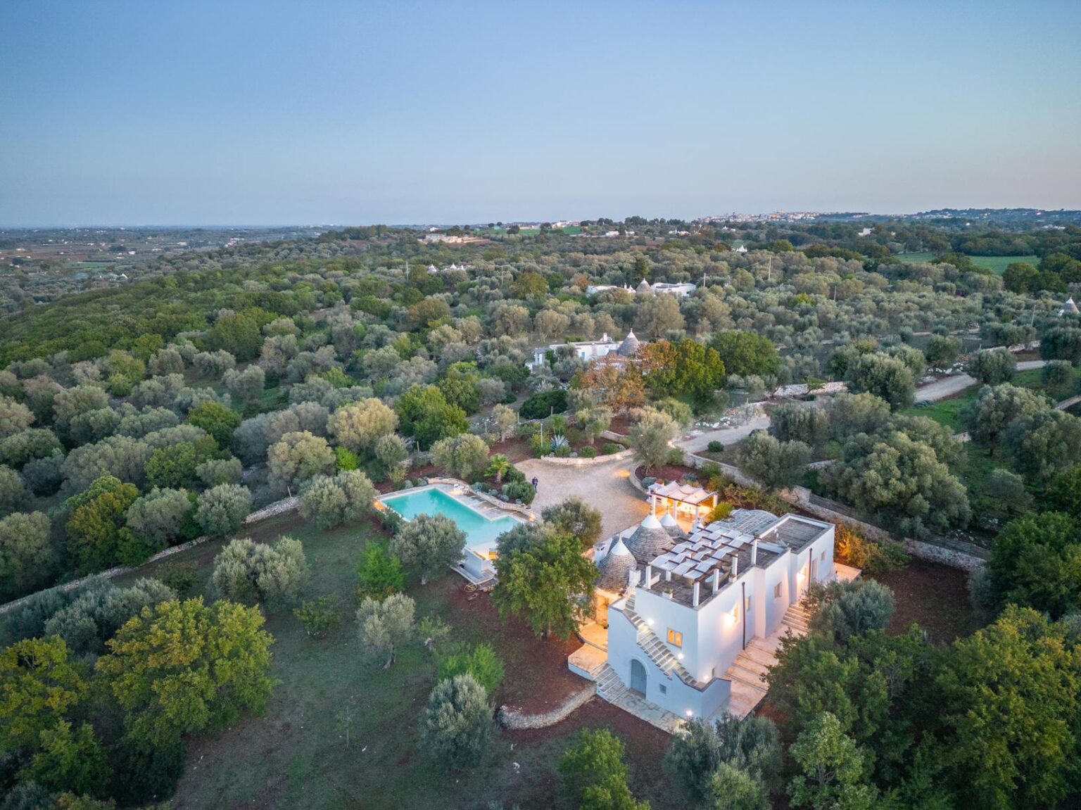Aerial view of a luxurious villa surrounded by lush olive groves, featuring a sparkling swimming pool and beautifully landscaped grounds. The serene countryside setting highlights the villa's elegant architecture and tranquil atmosphere. | Only on SopranoVillas