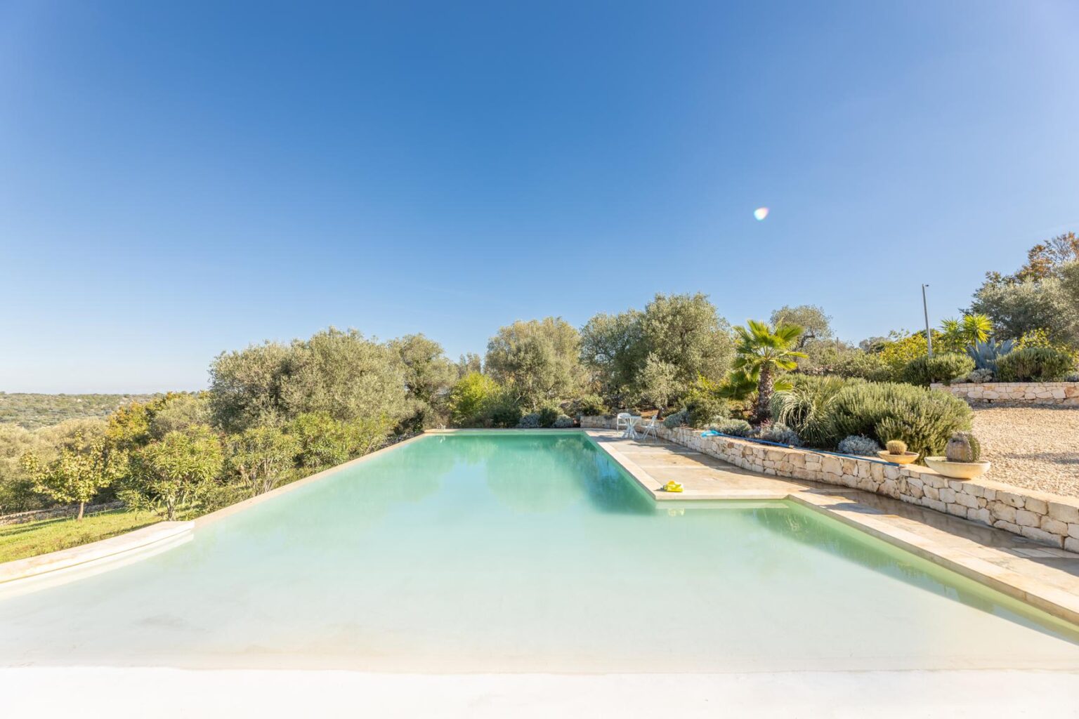 A serene infinity pool surrounded by lush greenery and olive trees under a clear blue sky, ideal for relaxation and outdoor leisure. | Only on SopranoVillas