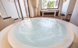 Luxurious indoor jacuzzi with bubbling water, surrounded by large windows and natural light, creating a serene spa-like atmosphere.