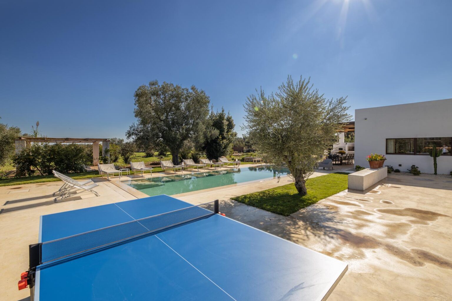 Outdoor recreational area featuring a blue ping pong table beside a swimming pool, surrounded by lush greenery and modern architecture. Perfect for leisure and entertainment in a sunny environment. | Only on SopranoVillas