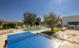 Outdoor recreational area featuring a blue ping pong table beside a swimming pool, surrounded by lush greenery and modern architecture. Perfect for leisure and entertainment in a sunny environment.