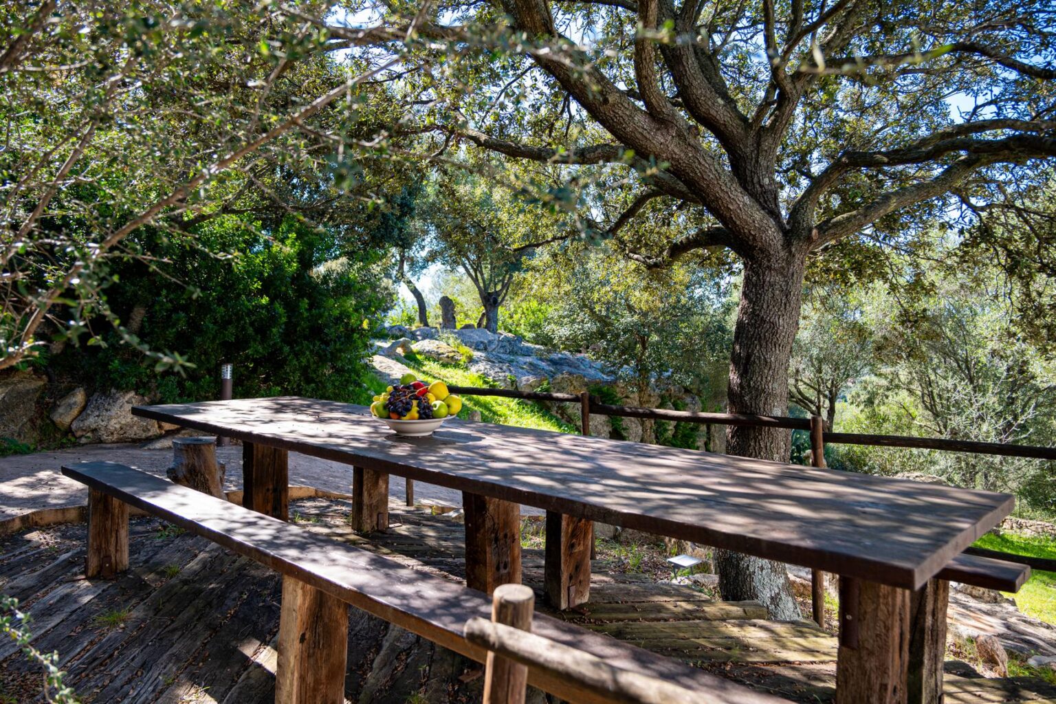 Wooden picnic table under a large tree in a serene outdoor setting, surrounded by greenery and a peaceful landscape. Ideal for dining or gatherings in nature. | Only on SopranoVillas