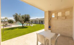 Modern outdoor patio view with a table and chairs overlooking a lush green lawn and swimming pool, surrounded by olive trees and a sunny blue sky. Ideal setting for relaxation and outdoor dining.