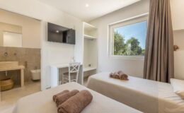 Modern guest room with two twin beds, plush towels, a flat-screen TV, and a window offering a view of greenery, featuring an en-suite bathroom with neutral-toned decor.
