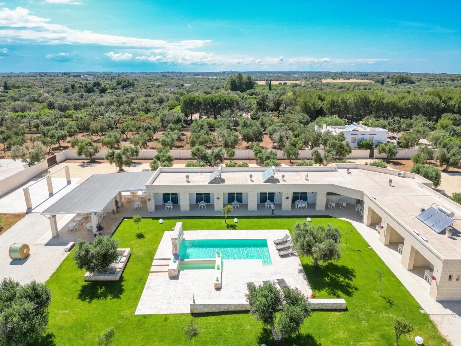Aerial view of a luxurious villa with a swimming pool, surrounded by lush greenery and olive trees, set against a clear blue sky. The modern architecture features spacious outdoor areas and well-maintained gardens. | Only on SopranoVillas
