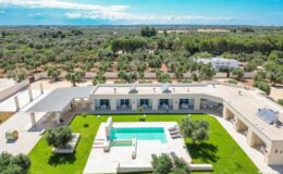 Aerial view of a luxurious villa with a swimming pool, surrounded by lush greenery and olive trees, set against a clear blue sky. The modern architecture features spacious outdoor areas and well-maintained gardens.