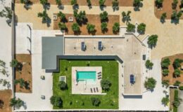 Aerial view of a modern residential property featuring a rectangular swimming pool surrounded by landscaped grass, sun loungers, and palm trees. The design includes a sleek patio area and structured landscaping, highlighting outdoor living spaces.