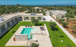 Aerial view of a modern villa with a swimming pool, surrounded by lush greenery and olive trees, overlooking the sea. The spacious outdoor area features lounge chairs and a well-maintained lawn, showcasing a luxurious and tranquil setting.