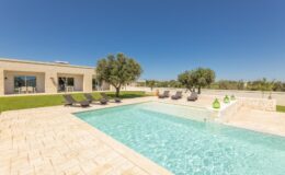 Modern outdoor swimming pool with lounge chairs, surrounded by green grass and trees under a clear blue sky. Ideal for relaxation and leisure activities.