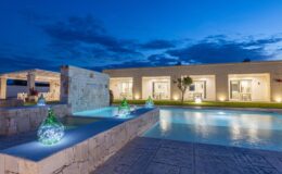 Modern luxury villa with a swimming pool and illuminated water features at dusk, showcasing stylish architecture and serene outdoor space.