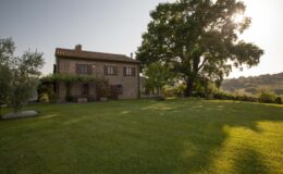Charming rustic stone house surrounded by lush green lawn and trees, with a clear sky and sunlight casting shadows on the ground, ideal for a serene countryside retreat.