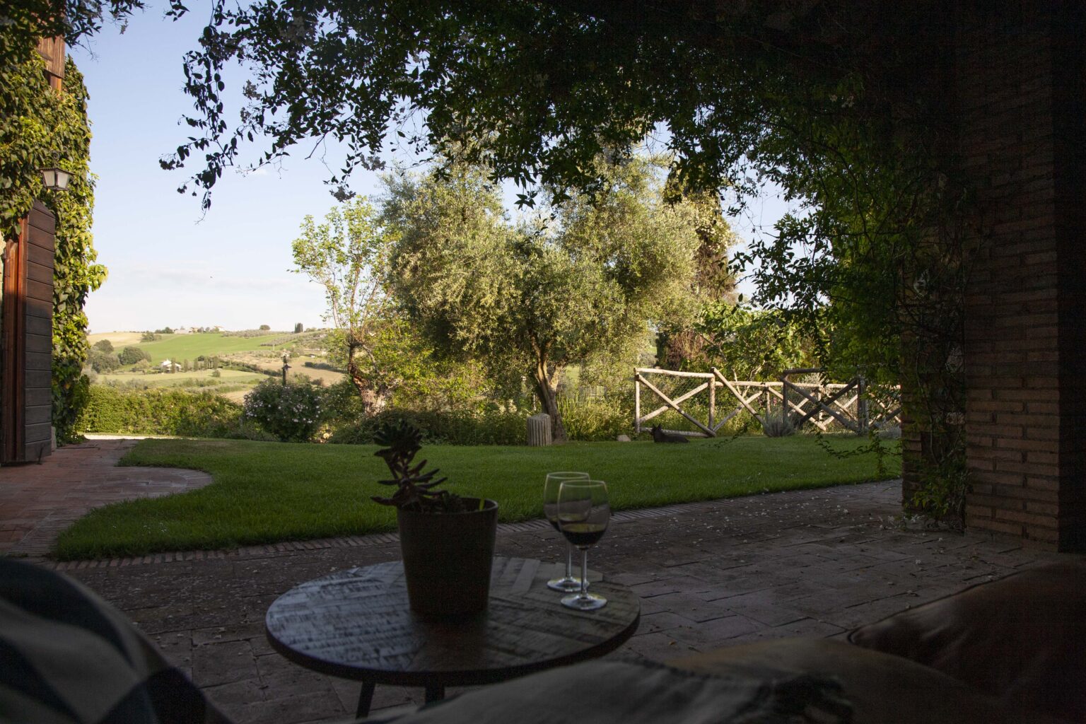 View of a serene outdoor garden with lush greenery, olive trees, and a wooden fence, taken from a cozy patio setting with a small table and a glass of wine. Ideal for relaxation and enjoying nature. | Only on SopranoVillas