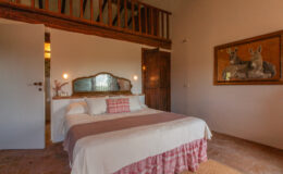 Cozy bedroom featuring a double bed with a pink and white patterned bedspread, decorative pillows, and a vintage mirror. The room has wooden beams, a rustic wooden door, and a framed artwork of donkeys on the wall. Soft lighting creates a warm ambiance, enhancing the inviting atmosphere.