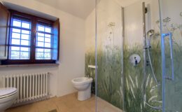 Modern bathroom featuring a glass shower, toilet, and a decorative nature-themed mural. Natural light streams in through wooden windows, enhancing the serene atmosphere.