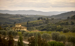 Scenic view of a Tuscan countryside landscape featuring rolling hills, olive groves, and a rustic villa under a cloudy sky.
