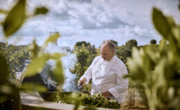 Chef grilling outdoors with smoke rising, surrounded by greenery and a scenic landscape. The chef wears a white culinary jacket and focuses on preparing fresh ingredients on a barbecue grill. Ideal for content related to outdoor cooking, culinary arts, and gourmet recipes.